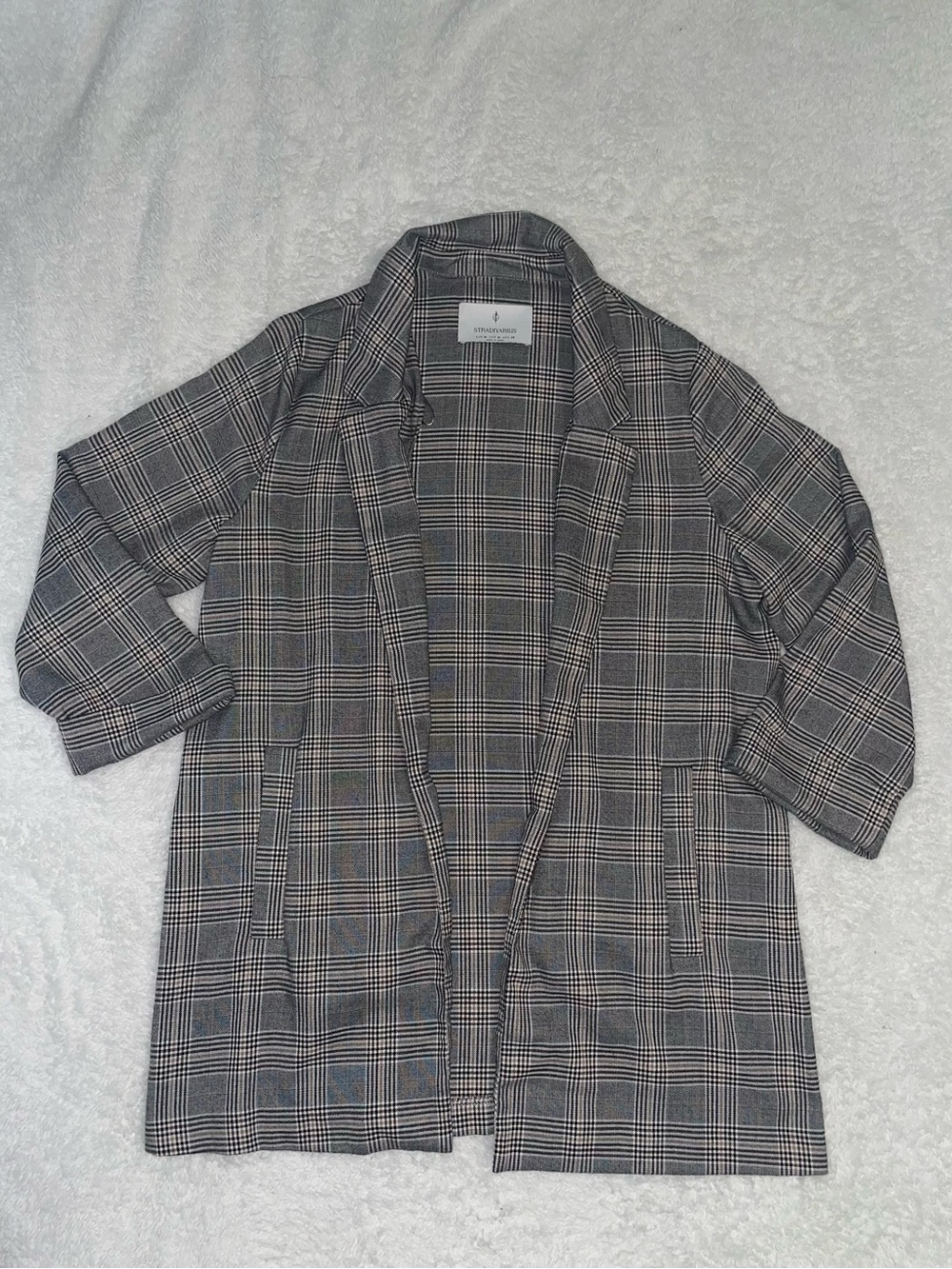 stradivarius Black and Gray Plaid Open-Front Blazer